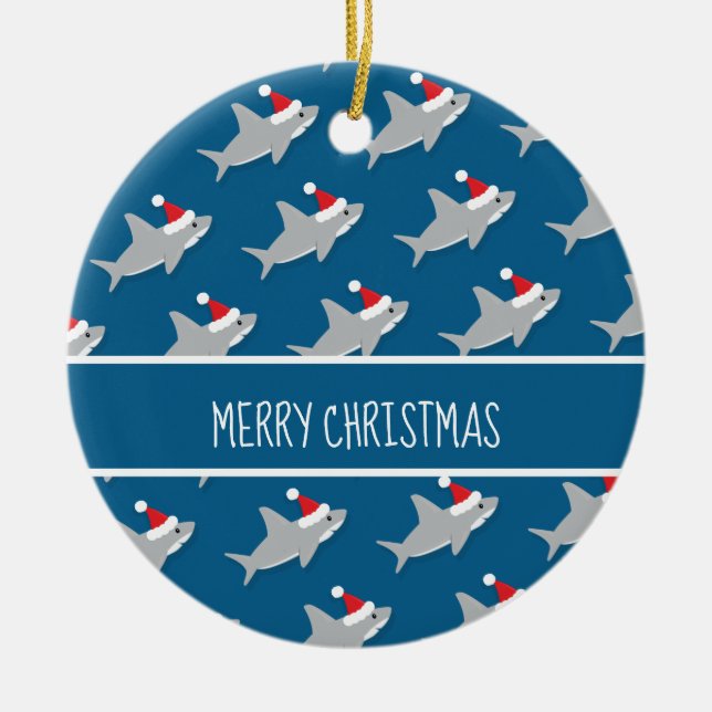 Happy Shark Pattern Merry Christmas Ornament (Front)