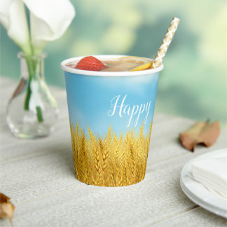 Happy SHAVUOT Gold Wheat Field Watercolor Greeting Paper Cups