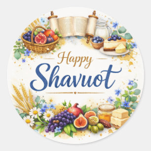 Happy Shavuot Sticker, Watercolor, Seven Species, Classic Round Sticker