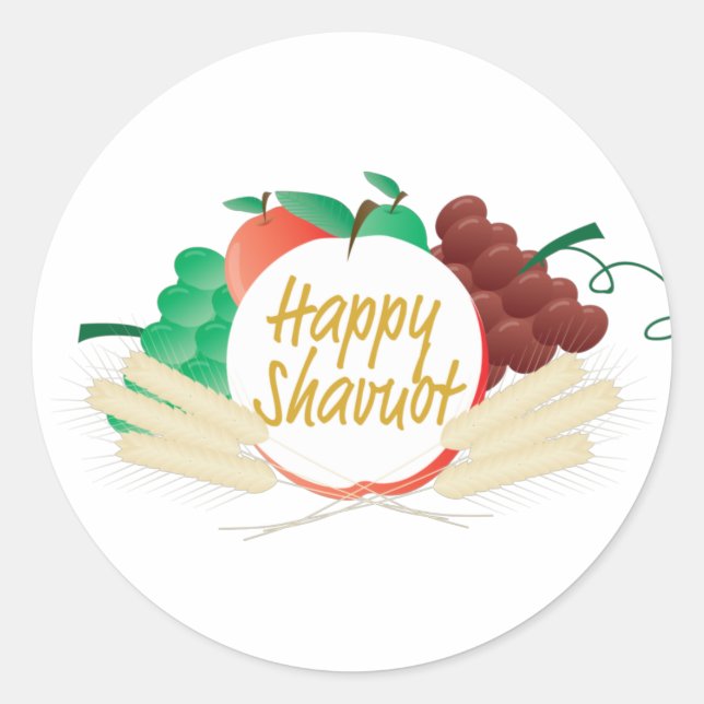 Happy Shavuot - Text, fruits and wheat Classic Round Sticker (Front)