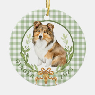 Happy Sheltie in Laurel Wreath  Ceramic Tree Decoration