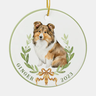 Happy Sheltie in Laurel Wreath  Ceramic Tree Decoration