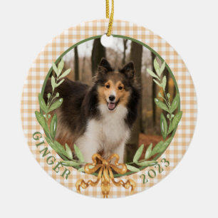 Happy Sheltie in Laurel Wreath Photo Ceramic Tree Decoration