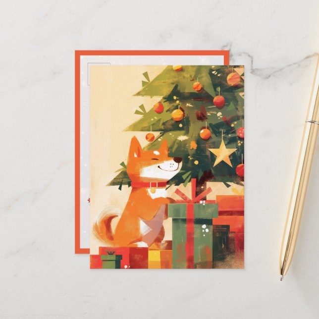 Happy Shiba Inu beside Christmas Tree and Gifts Postcard (Front/Back In Situ)