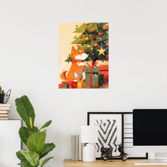 Happy Shiba Inu beside Christmas Tree and Gifts Poster (Home Office)