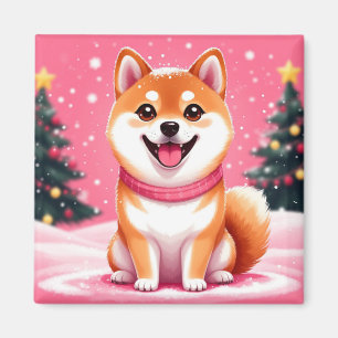 Happy Shiba Inu Puppy By Christmas Trees Magnet