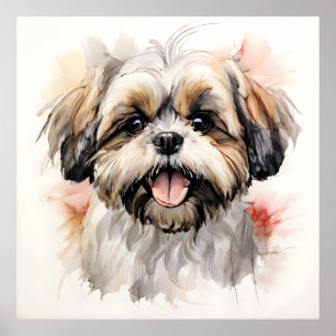 Happy Shih-tzu Puppy Ink Portrait Poster