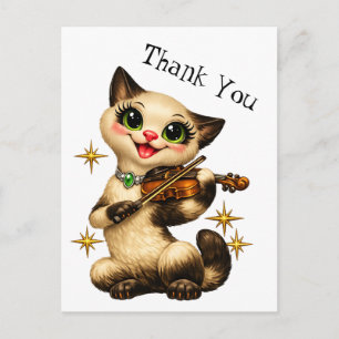 Happy Siamese Cat Playing Violin Retro Thank You Postcard