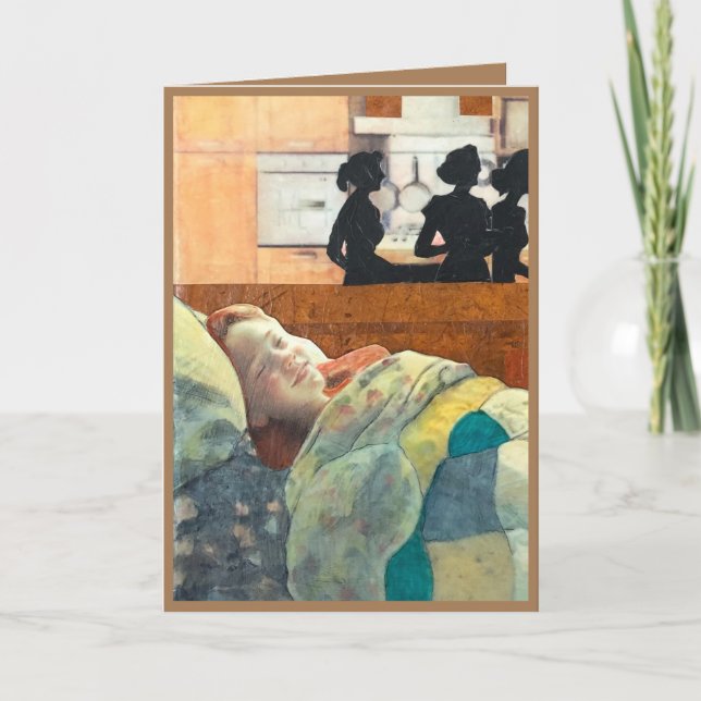 happy sick girl in bed being cared for, get well card (Front)