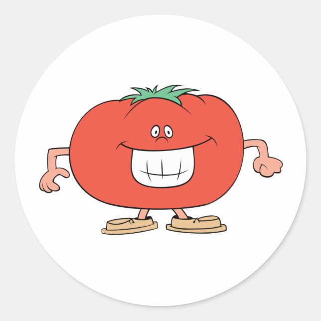 happy silly tomato cartoon classic round sticker (Front)