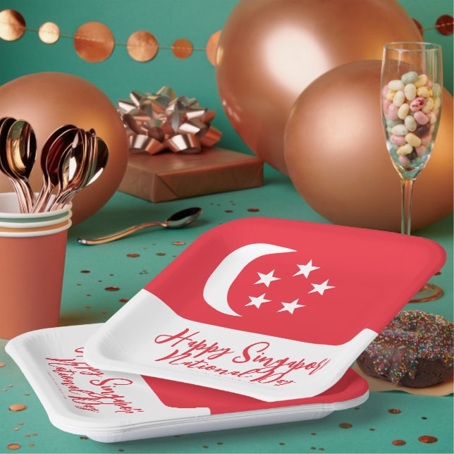 Happy Singapore National Day Singapore Flag Paper Plate (Multi)