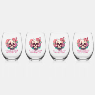 Happy Single Awareness Day Skull Stemless Wine Glass