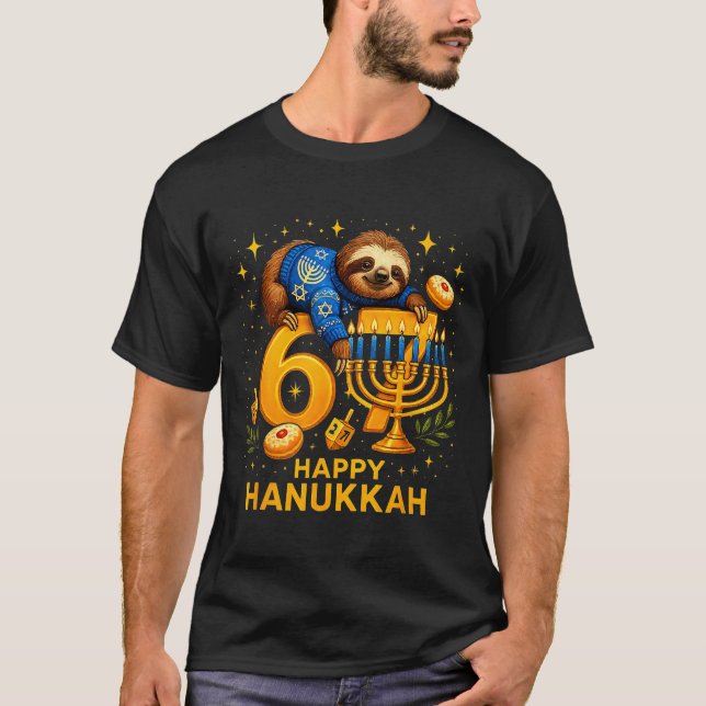 Happy Six Seven Hanukkah Funny Meme Menorah Sloth  T-Shirt (Front)