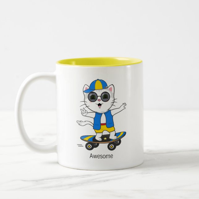 Happy Skater Cat Dressed in Blue & Yellow Two-Tone Coffee Mug (Left)