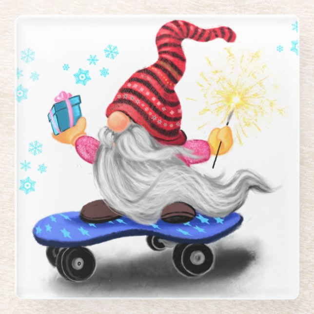 Happy Skater Gnome with Gift Glass Coaster (Front)