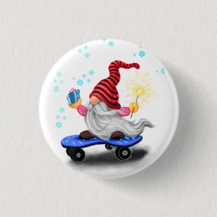 Happy Skater Gnome with Gifts and Sparkler Button