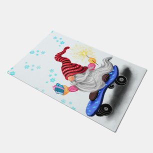 Happy Skater Gnome with Gifts and Sparkler - Fun Doormat