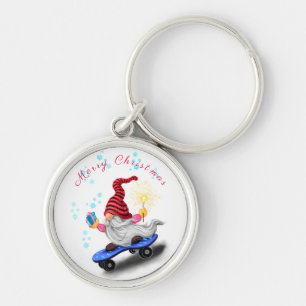 Happy Skater Gnome with Gifts and Sparkler - Fun K Key Ring