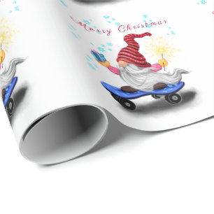 Happy Skater Gnome with Gifts and Sparkler - Fun Wrapping Paper