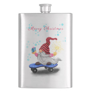 Happy Skater Gnome with Gifts and Sparkler - Funny Hip Flask