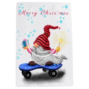 Happy Skater Gnome with Gifts and Sparkler - Funny Medium Gift Bag
