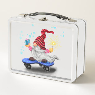 Happy Skater Gnome with Gifts and Sparkler - Funny Metal Lunch Box