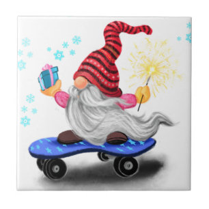 Happy Skater Gnome with Gifts and Sparkler - Funny Tile