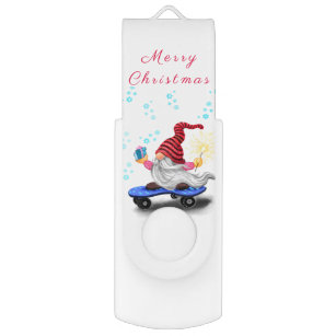 Happy Skater Gnome with Gifts and Sparkler - Funny USB Flash Drive