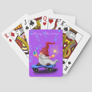Happy Skater Gnome with Sparkler and Gift For You Playing Cards