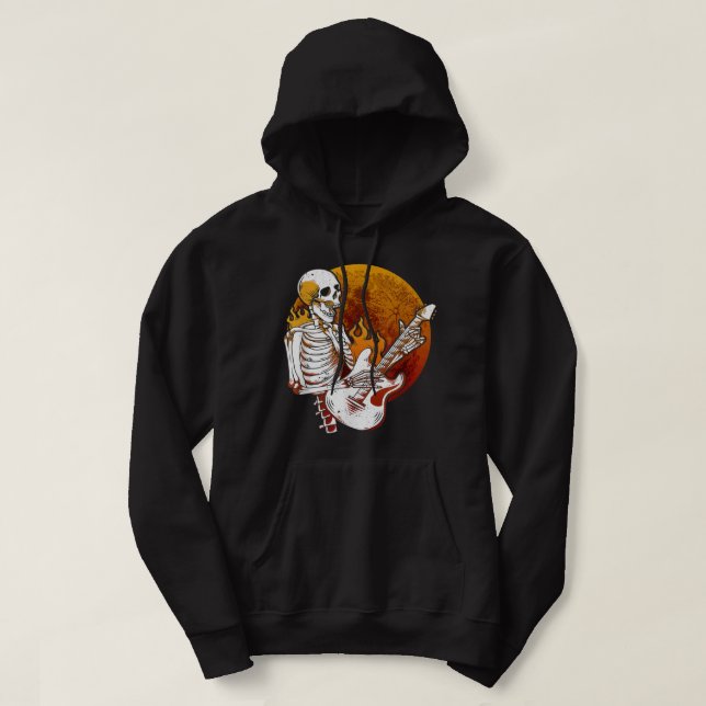 Happy Skeleton Electric Guitar Guy Spooky Hallowee Hoodie (Design Front)