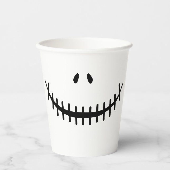 Happy Skeleton Smile Black and White Halloween Paper Cups (Front)