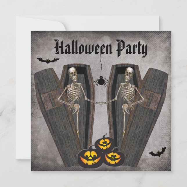 Happy Skeletons in Coffins Halloween Party Invitation (Front)