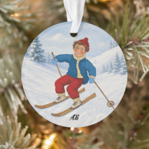 Happy Skier Round Pillow Ornament