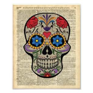 Happy Skull,Sugar Skull,Halloween,Dictionary Art Photo Print