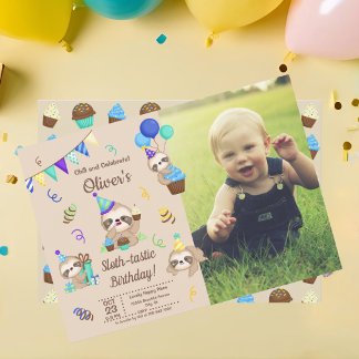 Happy Sloth Birthday Party Cupcakes & Presents Invitation