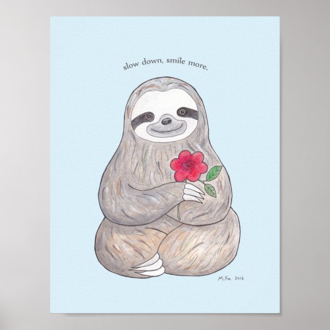 Happy Sloth Poster Cute Sloth with Flower Print (Front)