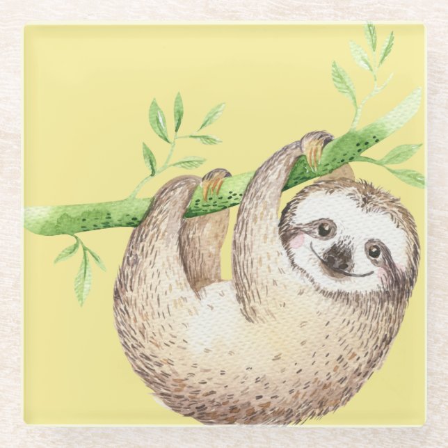 Happy Sloth Watercolor Glass Coaster (Front)