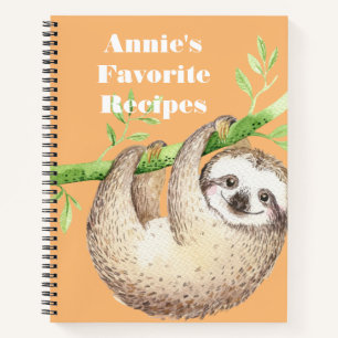 Happy Sloth Watercolor Personalised Recipe Notebook