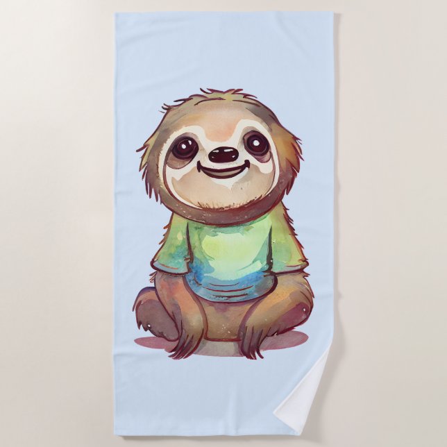 Happy Sloth Wearing a Shirt Cute Beach Towel (Front)