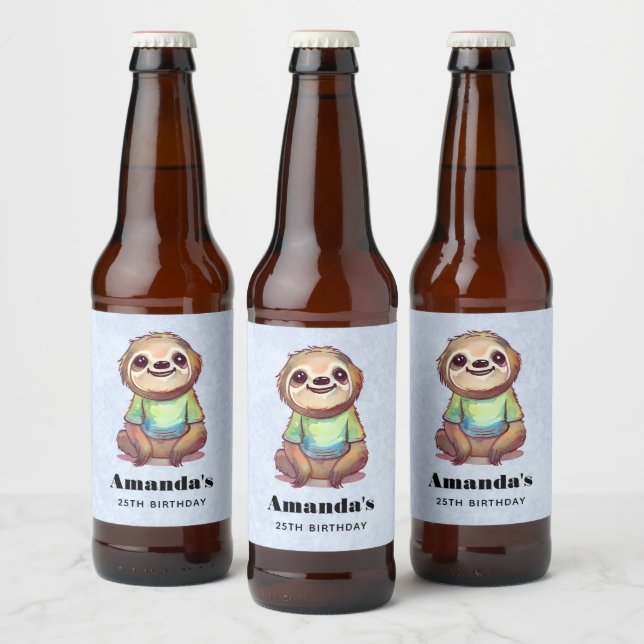 Happy Sloth Wearing a Shirt Cute Birthday Beer Bottle Label (Bottles)