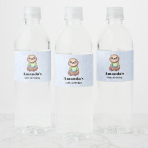 Happy Sloth Wearing a Shirt Cute Birthday Water Bottle Label