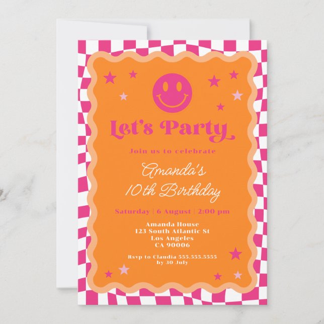 Happy Smile Pink & Orange Chequered Girl Birthday Invitation (Front)