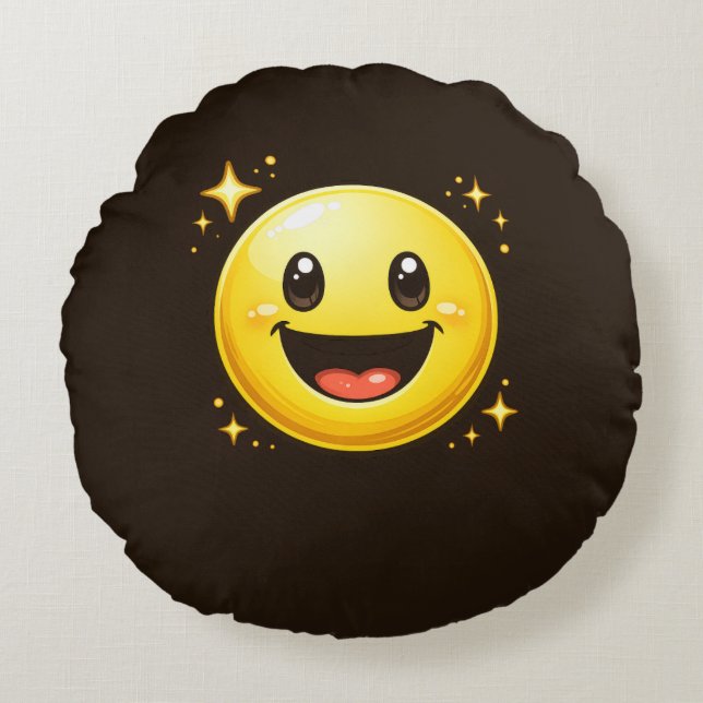 Happy Smiley Face with Sparkles Round Cushion (Front)