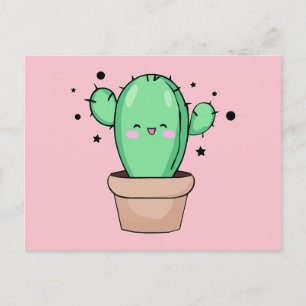 Happy smiling baby cactus in vase with stars.  postcard