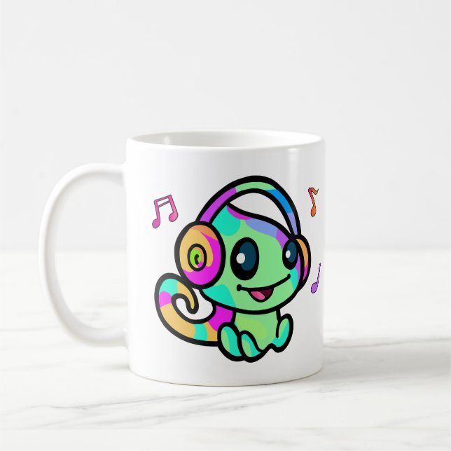 Happy smiling baby chameleon with headphones.  coffee mug (Left)