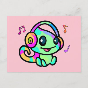 Happy smiling baby chameleon with headphones.  postcard