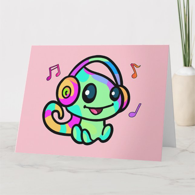 Happy smiling baby chameleon with headphones.  thank you card (Front)