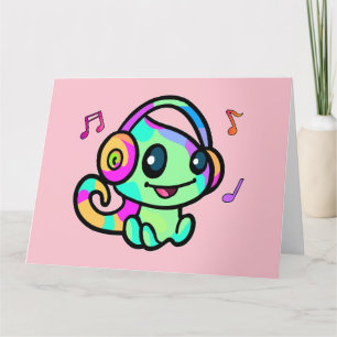 Happy smiling baby chameleon with headphones.  thank you card
