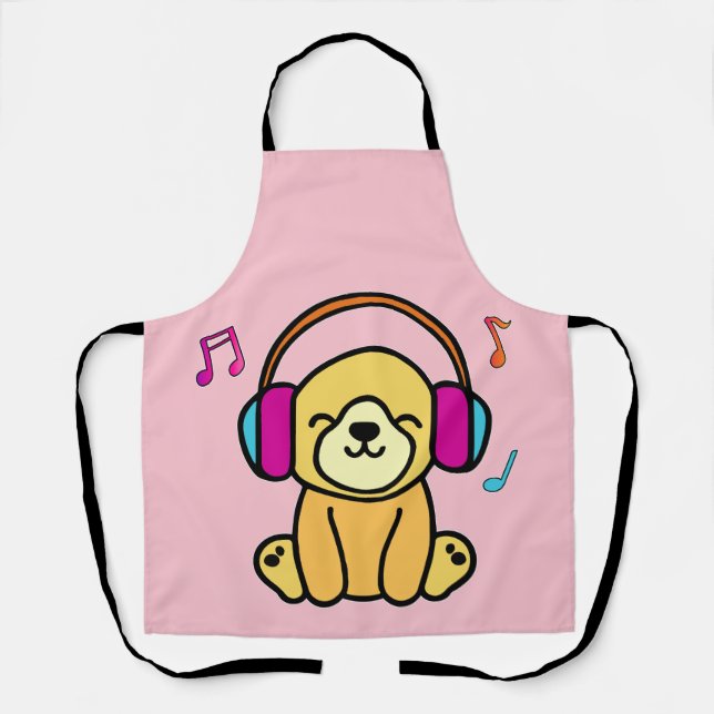 Happy smiling baby dog puppy with headphones.  apron (Front)