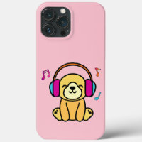 Happy smiling baby dog puppy with headphones.